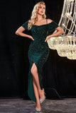 Sparkly Cold Shoudler Dark Green Sequins Formal Dress with Slit