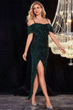 Sparkly Cold Shoudler Dark Green Sequins Formal Dress with Slit