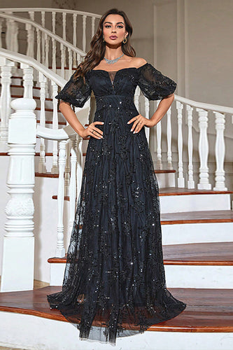A-Line Puff Sleeves Black Formal Dress with Sequins