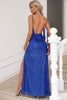 Load image into Gallery viewer, Sparkly Royal Blue Spaghetti Straps Formal Dress with Slit
