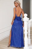 Sparkly Royal Blue Spaghetti Straps Formal Dress with Slit