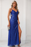 Sparkly Royal Blue Spaghetti Straps Formal Dress with Slit