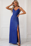 Sparkly Royal Blue Spaghetti Straps Formal Dress with Slit