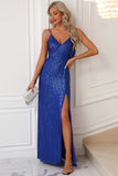 Sparkly Royal Blue Spaghetti Straps Formal Dress with Slit