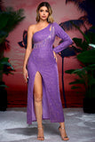 Sequins One Shoulder Purple Formal Dress with Fringes