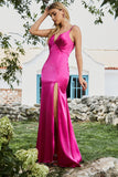 Mermaid Fuchsia Beaded Formal Dress with Slit