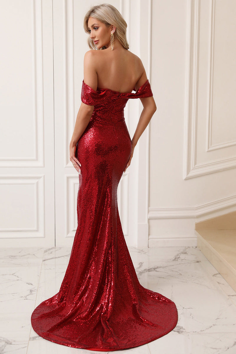 Load image into Gallery viewer, Sparkly Mermaid Off The Shoulder Red Formal Dress with Slit