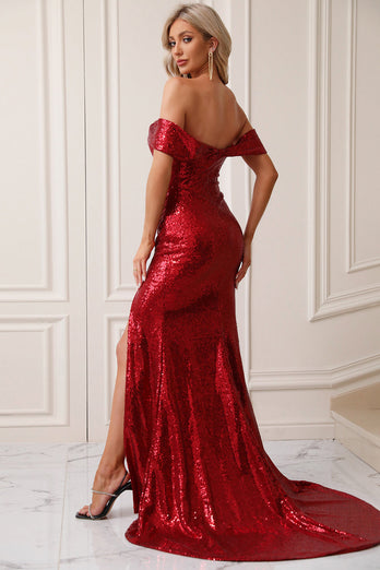 Sparkly Mermaid Off The Shoulder Red Formal Dress with Slit