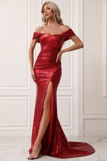 Sparkly Mermaid Off The Shoulder Red Formal Dress with Slit