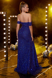 Off the Shoulder Royal Blue Glitter Formal Dress with Slit