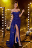 Load image into Gallery viewer, Off the Shoulder Royal Blue Glitter Formal Dress with Slit