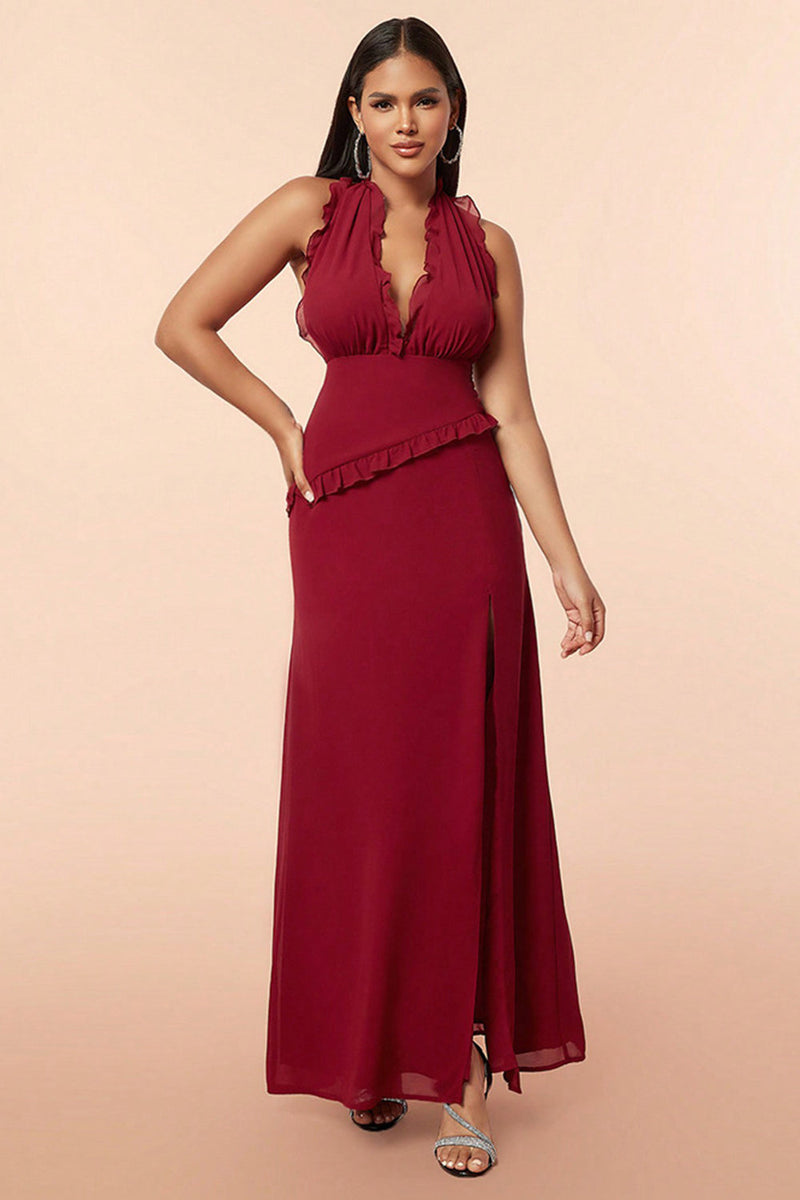 Load image into Gallery viewer, Burgundy Halter Ruffles Formal Dress with Slit