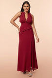 Burgundy Halter Ruffles Formal Dress with Slit