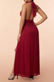 Burgundy Halter Ruffles Formal Dress with Slit