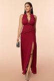 Burgundy Halter Ruffles Formal Dress with Slit