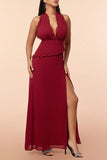 Burgundy Halter Ruffles Formal Dress with Slit