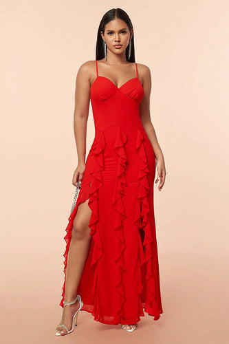 Red Spaghetti Straps Formal Dress with Ruffles
