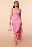 Pink Lace Ruffles Party Dress with Slit