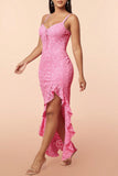 Pink Lace Ruffles Party Dress with Slit