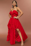 Red Strapless A Line Formal Dress with Ruffles