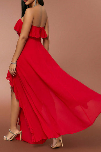 Red Strapless A Line Formal Dress with Ruffles