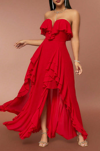 Red Strapless A Line Formal Dress with Ruffles
