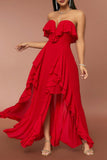 Red Strapless A Line Formal Dress with Ruffles