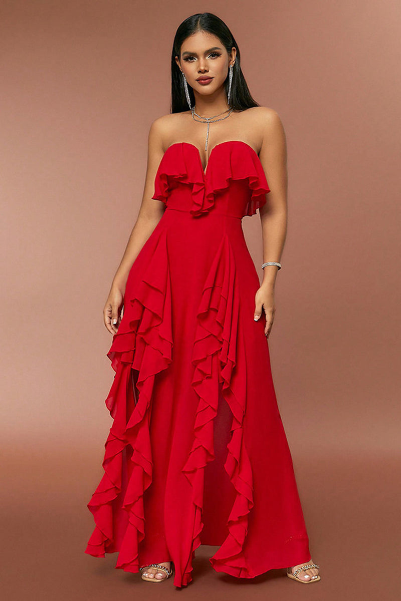 Load image into Gallery viewer, Red Strapless A Line Formal Dress with Ruffles