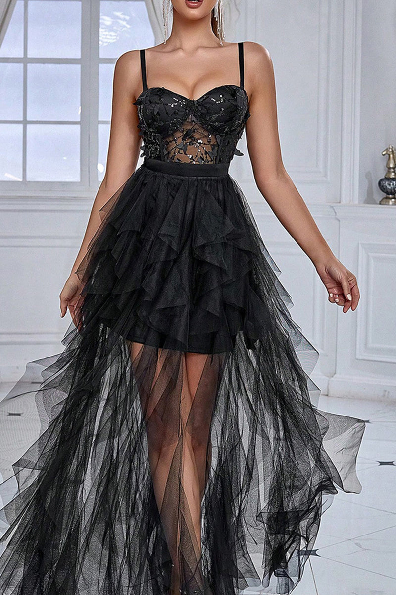 Load image into Gallery viewer, Black Spaghetti Straps A Line Formal Dress with Slit
