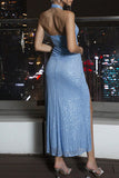 Light Blue Glitter Halter Cocktail Dress with Slit