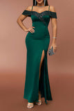 Dark Green Off the Shoulder Sparkly Formal Dress with Slit