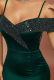 Dark Green Off the Shoulder Sparkly Formal Dress with Slit