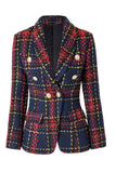 Blue Red Slim Retro Lapel Plaid Women Blazer