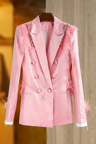 Sparkly Pink Women Blazer with Feathers