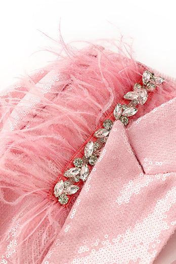 Sparkly Pink Women Blazer with Feathers
