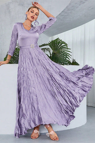 Lilac Pleated A Line Long Sleeves Formal  Dress