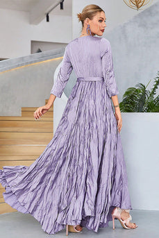 Lilac Pleated A Line Long Sleeves Formal  Dress