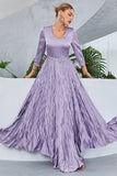 Lilac Pleated A Line Long Sleeves Formal  Dress