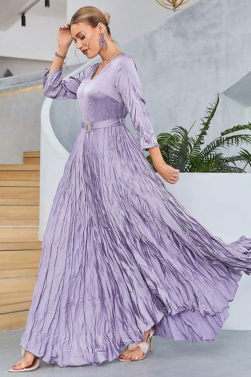 Load image into Gallery viewer, Lilac Pleated A Line Long Sleeves Formal  Dress