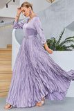 Lilac Pleated A Line Long Sleeves Formal  Dress