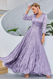 Lilac Pleated A Line Long Sleeves Formal  Dress