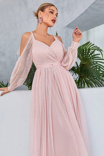 Blush Cold Shoulder Tulle Formal  Dress with Polka Dots