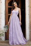 Lilac Spaghetti Straps A Line Lace Formal  Dress