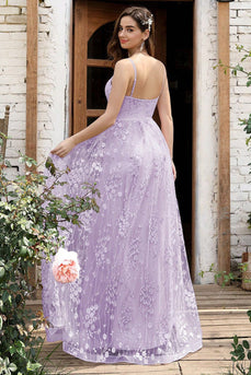 Lilac Spaghetti Straps A Line Lace Formal  Dress