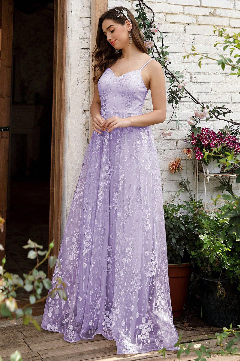 Load image into Gallery viewer, Lilac Spaghetti Straps A Line Lace Formal  Dress
