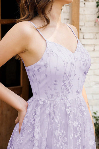 Lilac Spaghetti Straps A Line Lace Formal  Dress