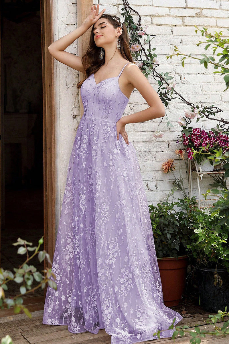 Load image into Gallery viewer, Lilac Spaghetti Straps A Line Lace Formal  Dress
