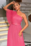 Coral One Shoulder Tulle Long Formal Dress with Belt