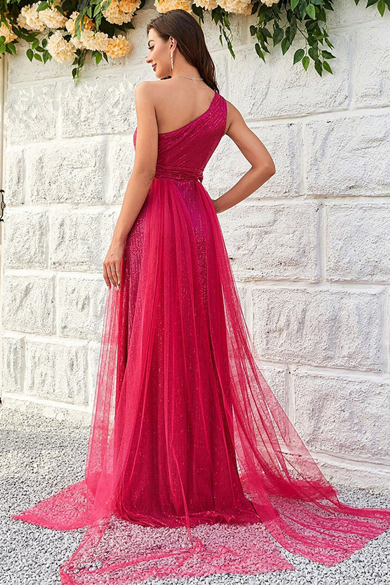 Load image into Gallery viewer, Hot Pink One Shoulder Sparkly Formal Dress