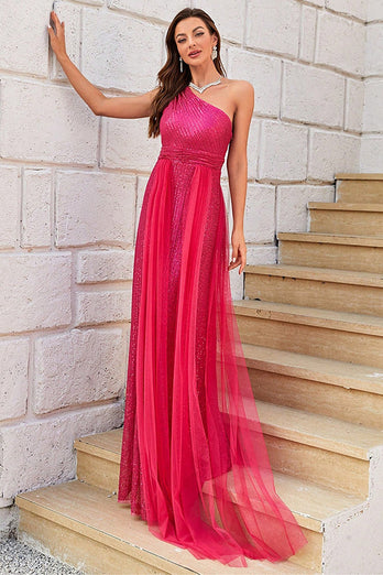 Hot Pink One Shoulder Sparkly Formal Dress